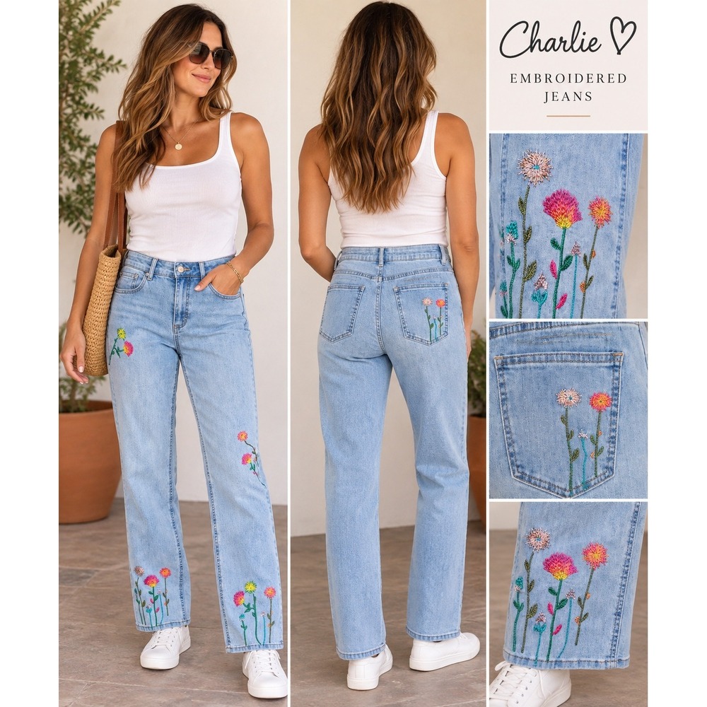 Charlie B Floral Embroidered Straight Leg Jeans Light Wash Blue Denim Size 4